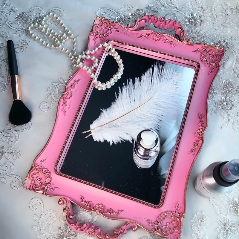 Oval Glass Storage Tray Pink Retro Mirror Food Tea Tray Household Jewelry Skin Care Product Organizer Wedding Home Decor 5