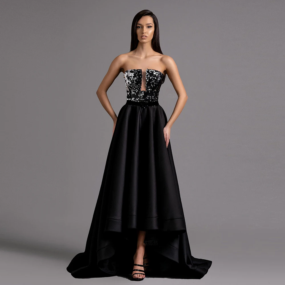 

Black Sleeveless Satin Beaded String Evening Dresses Long Luxury 2022 A-Line Sequins Prom Gowns Train Elegant Formal Party Dress