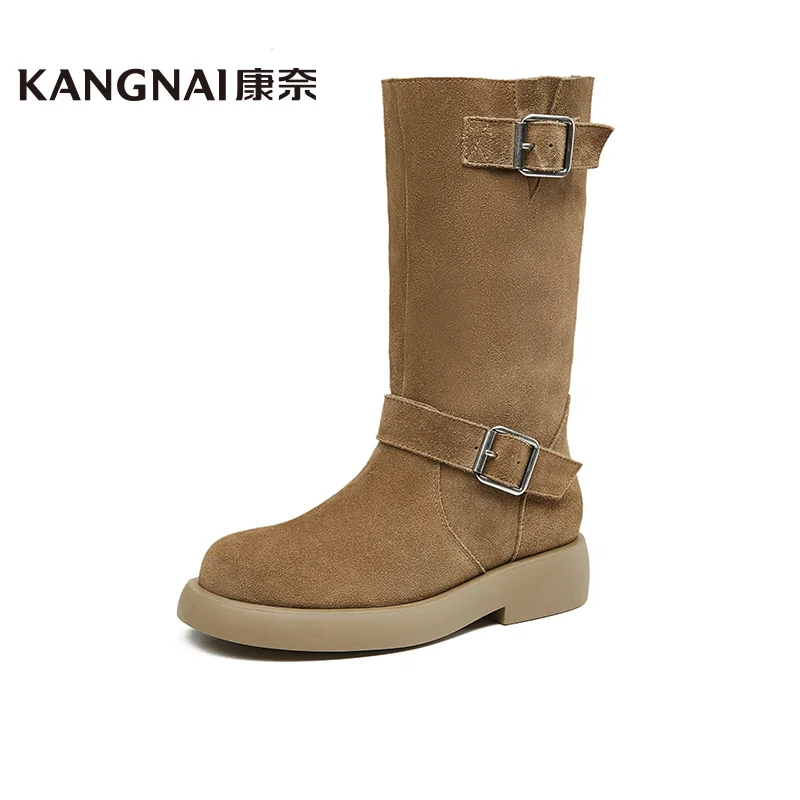 

Kangnai Long Boots Women Genuine Cow Suede Round Toe Belt Buckle Mid Calf Riding Boots Square Heel Slip-On Fashion Lady Shoes
