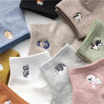 여성용 귀여운 자수 곰 개 올빼미 고양이 새 토끼 양 캔디 컬러 재미있는 양말, 카와이 발목 양말, 드롭쉽, 1 쌍, 신제품