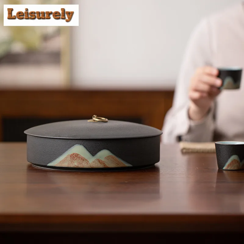 Hand Drawn Far Mountain Tea Cake Tea Box Organizer Moisture-proof Handmade Storage Tank Containers Tea Caddy Tableware Ornaments
