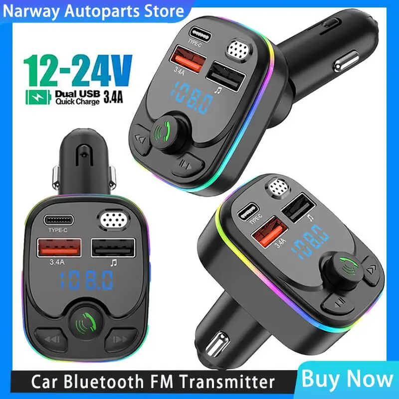 

Handsfree Car Bluetooth 5.0 FM Transmitter PD Type-C Dual USB 3.4A Fast Charger Colorful Ambient Light MP3 Modulator Player 2023