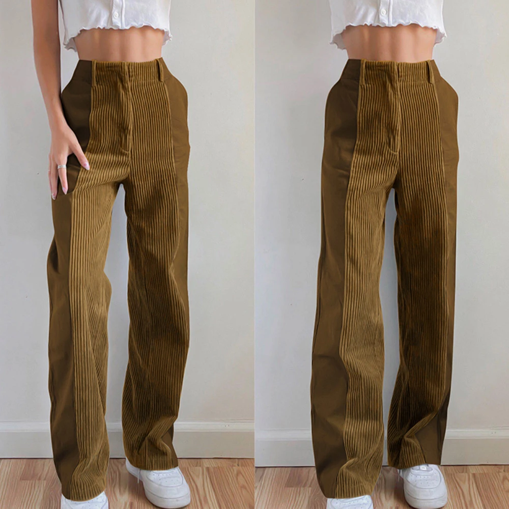 

Female Fashion Loose Casual High Waist Zipper Fly Pants Solid Streetwear Woman Fall Corduroy Pants Baggy Straight Striped Pants