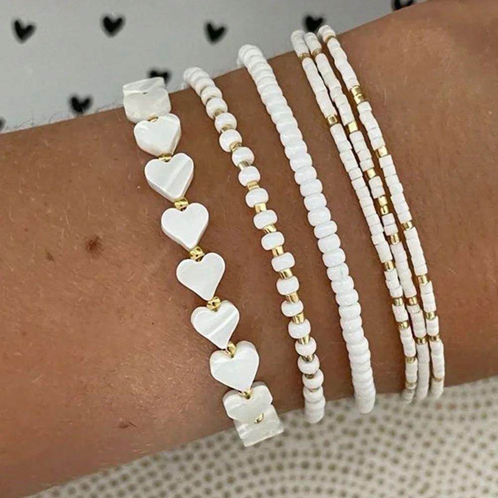6pcs Bead Bracelet Delicate Bead Heart & Shell Handmade Elastic Multi-Layer Bracelets For Valentine's gift B082