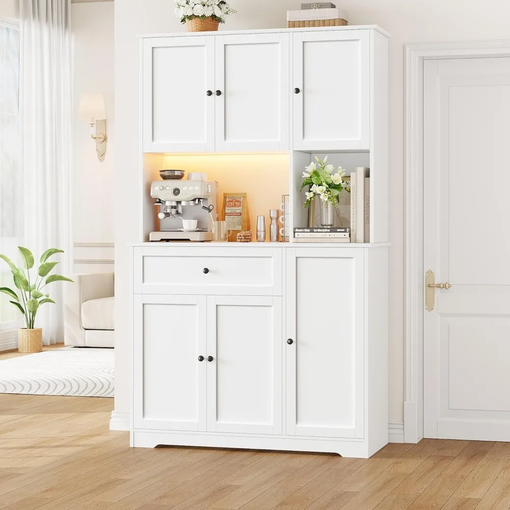 Pantry Cabinet with Charging Station and LED Lights, 71" Tall Kitchen Pantry Cabinet with Microwave Stand,Kitchen Hutch Cabinet 3
