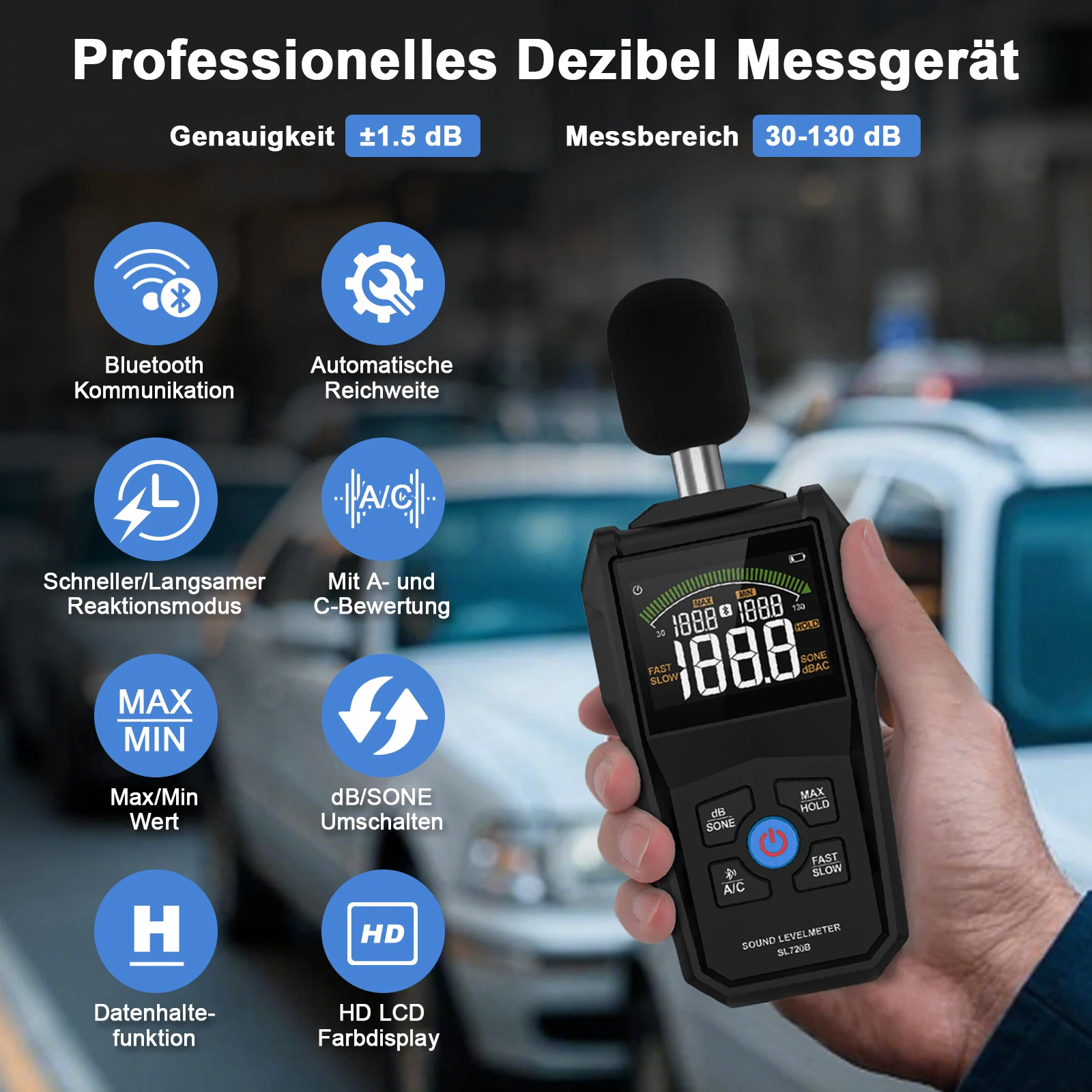 Medidor De Decibelios Profesional - Rango 30-130dB, Pantalla LCD, Alarma Sonora