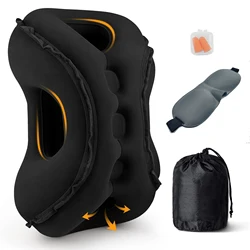 Compact Inflatable Travel Neck Pillow Set with Eye Mask and Earplugs (Black)