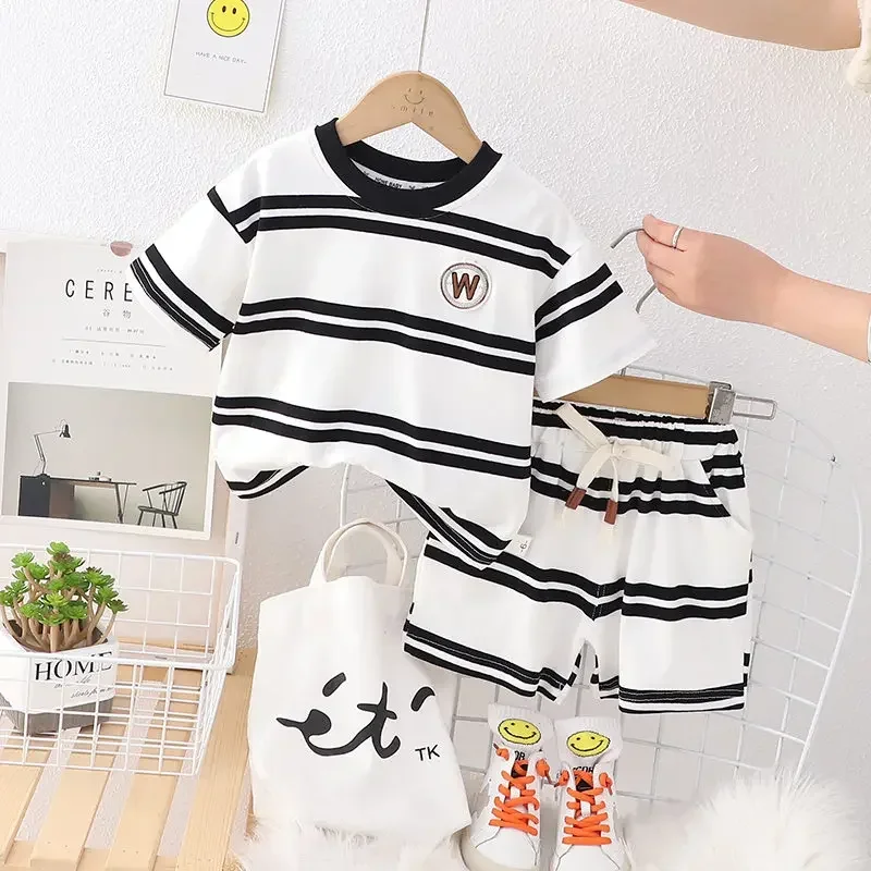 

New Baby Boys Girls Summer Clothes Cotton Strips Sports Suit Infant T Shirt Shorts Children Clothing Tracksuits Set 0-5 Years