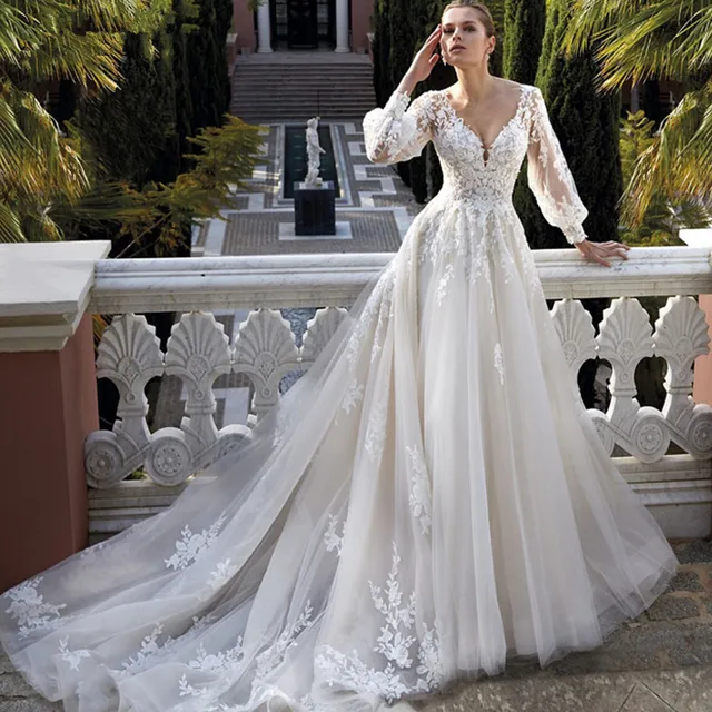 Exquisite wedding dresses for women v neck lace applique a line bridal gowns with long