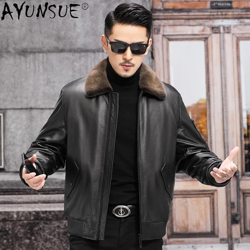 

AYUNSUE Men's Coat Genuine Cowhide Leather Jacket Men Winter 2021 Real Mink Fur Collar Coat Male Casual Jaqueta Masculina Gxy757