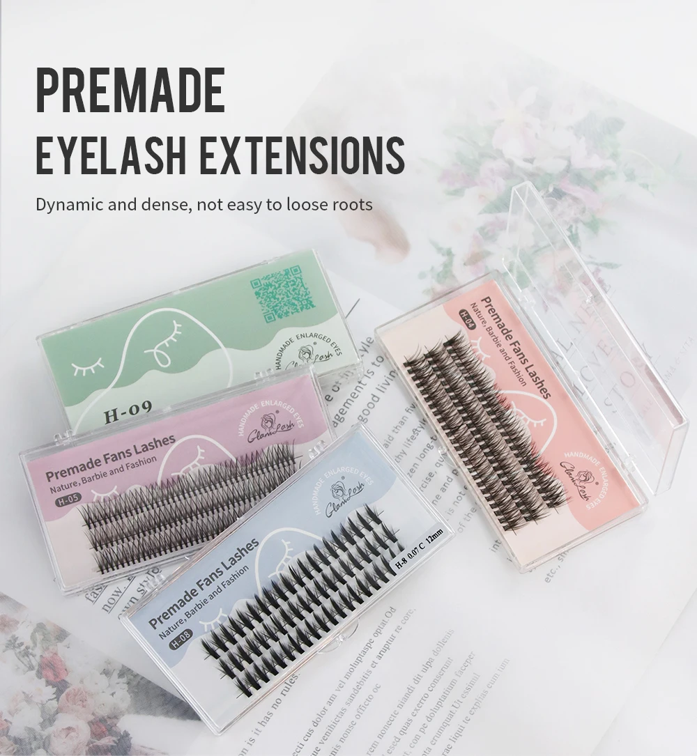 Glamlash cluster wimpern individuelle weiche wimpern verlängerung vorgefertigte volumen fans falsche russische streifen wimpern make-up großhandel – Detail 1