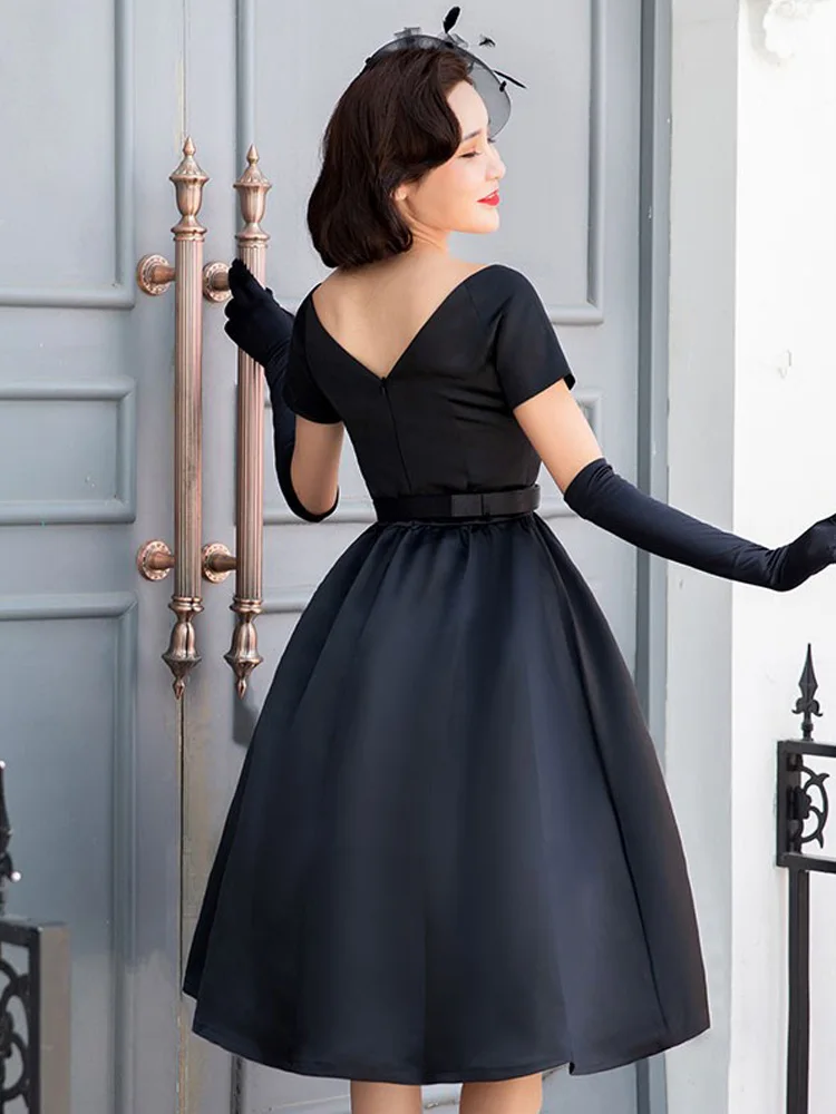 Hepburn Style Little Black Dress French Retro Elegant Satin High