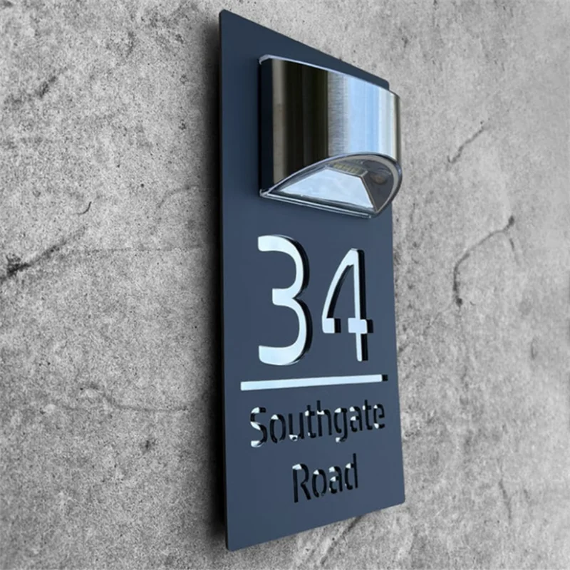 Personalized Solar House Sign Led Modern Door Number Plaque Laser Cutting Contemporary House Plate