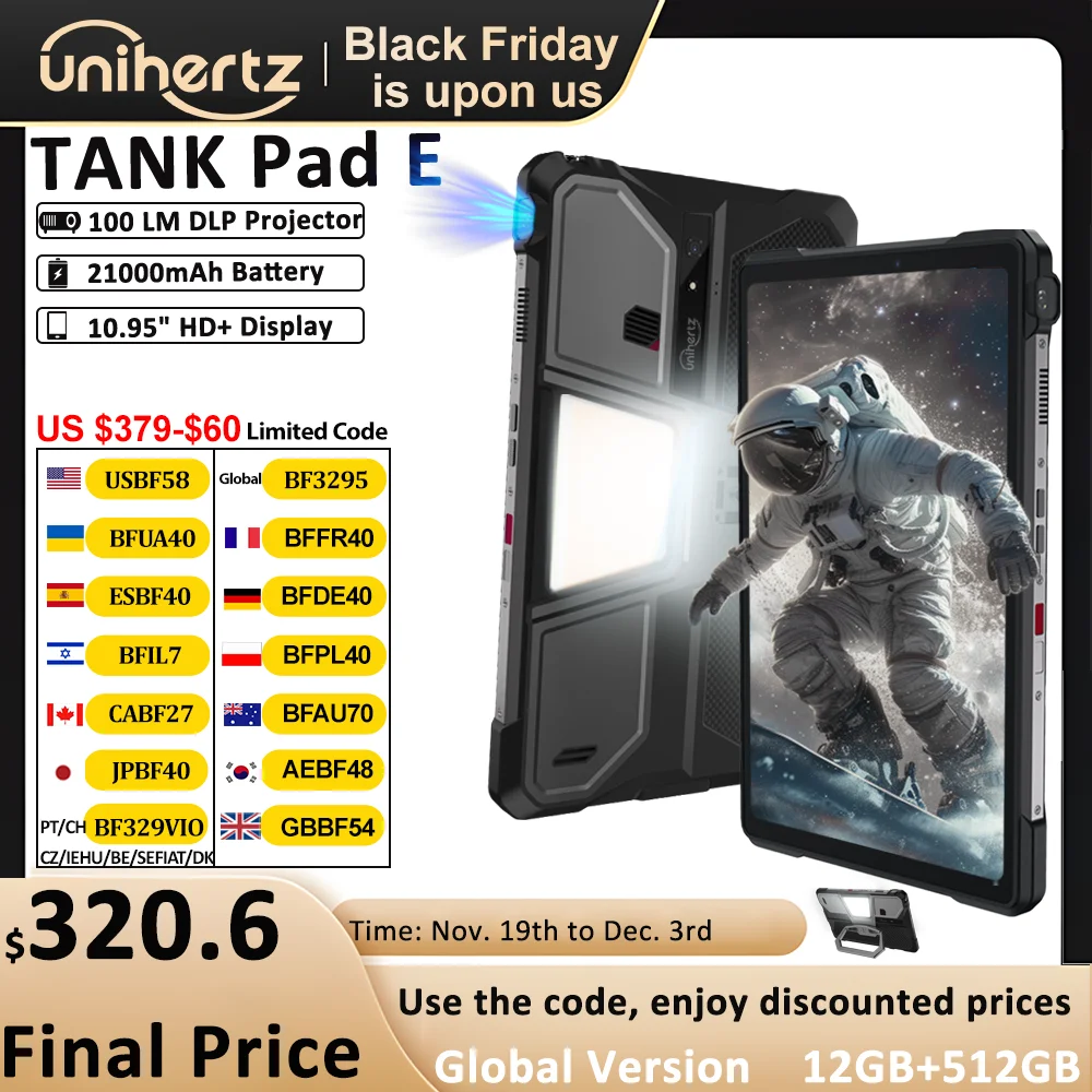 Unihertz 8849 TANK PAD E Rugged Tablet with Projector Android 21000mAh 120Hz 50MP Camera 24GB 512GB 66W 10.95 inch Phone Tablet
