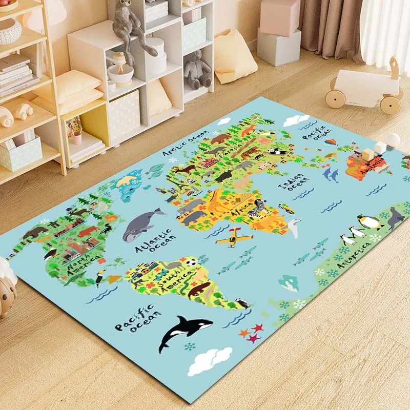 Alfombra con estampado de mapa del mundo de dibujos animados para el hogar, sala de estar, dormitorio, sofá, felpudo, decoración, Alfombra de área de juegos para niños, Alfombra de piso antideslizante, regalo