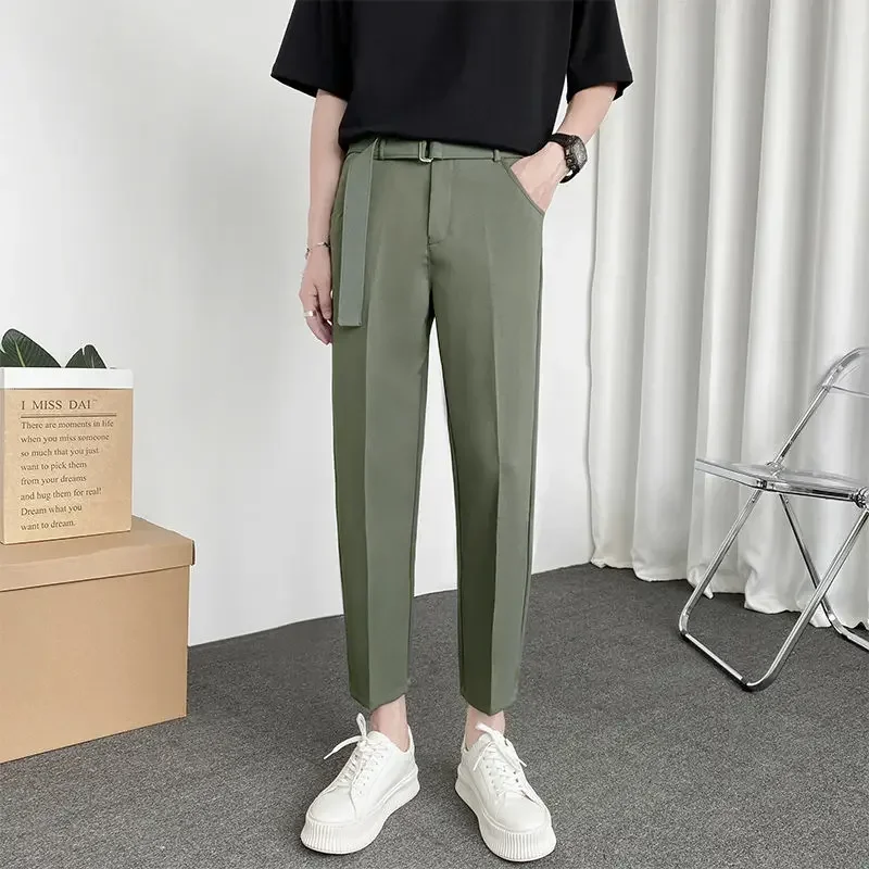 thumbnail image 1 of Pantalones para hombre de oficina gris recto elástico drapeado 9 recortado ajustado trabajo fluido trenzado trajes de hombre pantalones elásticos ropa de moda, 1 of 5