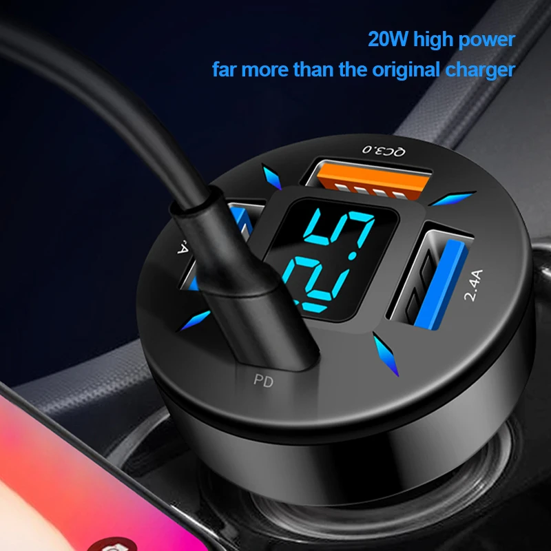 66W Car Charger Quick Charge Cigarette Lighter Adapter 4-Port USB A+USB C Fast Charging Phone Charger for iPhone Xiaomi Samsung