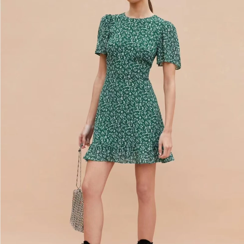 

2023 Summer New Arrivals Women Fashion Prairie Chic Print O-Neck Flounced edge Mini Dress For Holiday