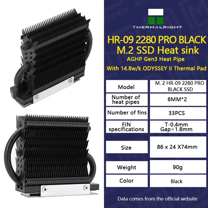 

Thermalright HR-09 2280 PRO Black M.2 Solid State Drive AGHP Heat Pipe Radiator SSD Cooler Fully Electroplated