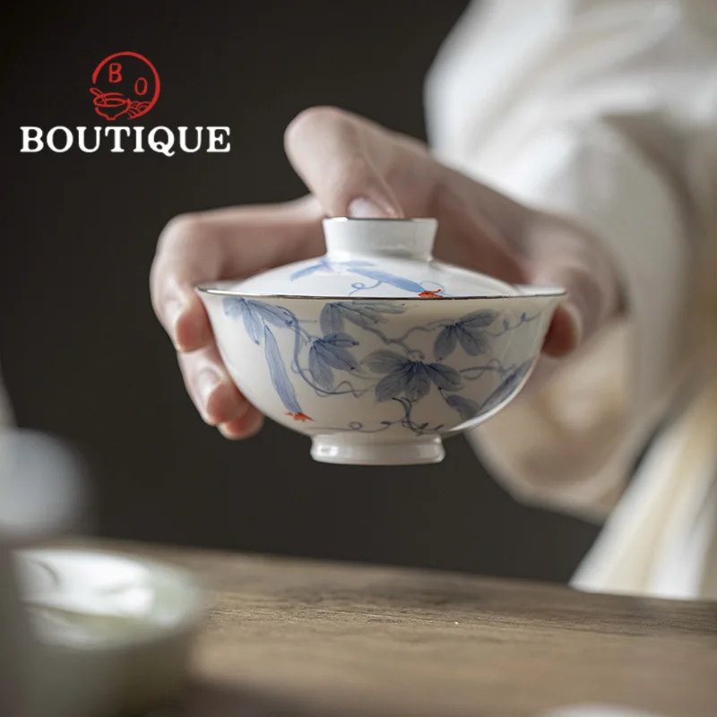 60ml Handpainted Luffa Ceramic Gaiwan Creative Silver Mouth Tea Tureen Thin Body Tea Maker Cover Bowl Cafes Equipment Collection