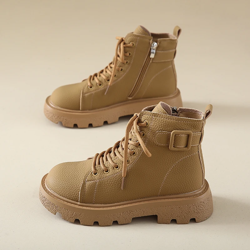 

Women's Ankle Fashion Boots Low Heel Platform Chunky Sole Lace Up Side Zipper Combat Biker Boots