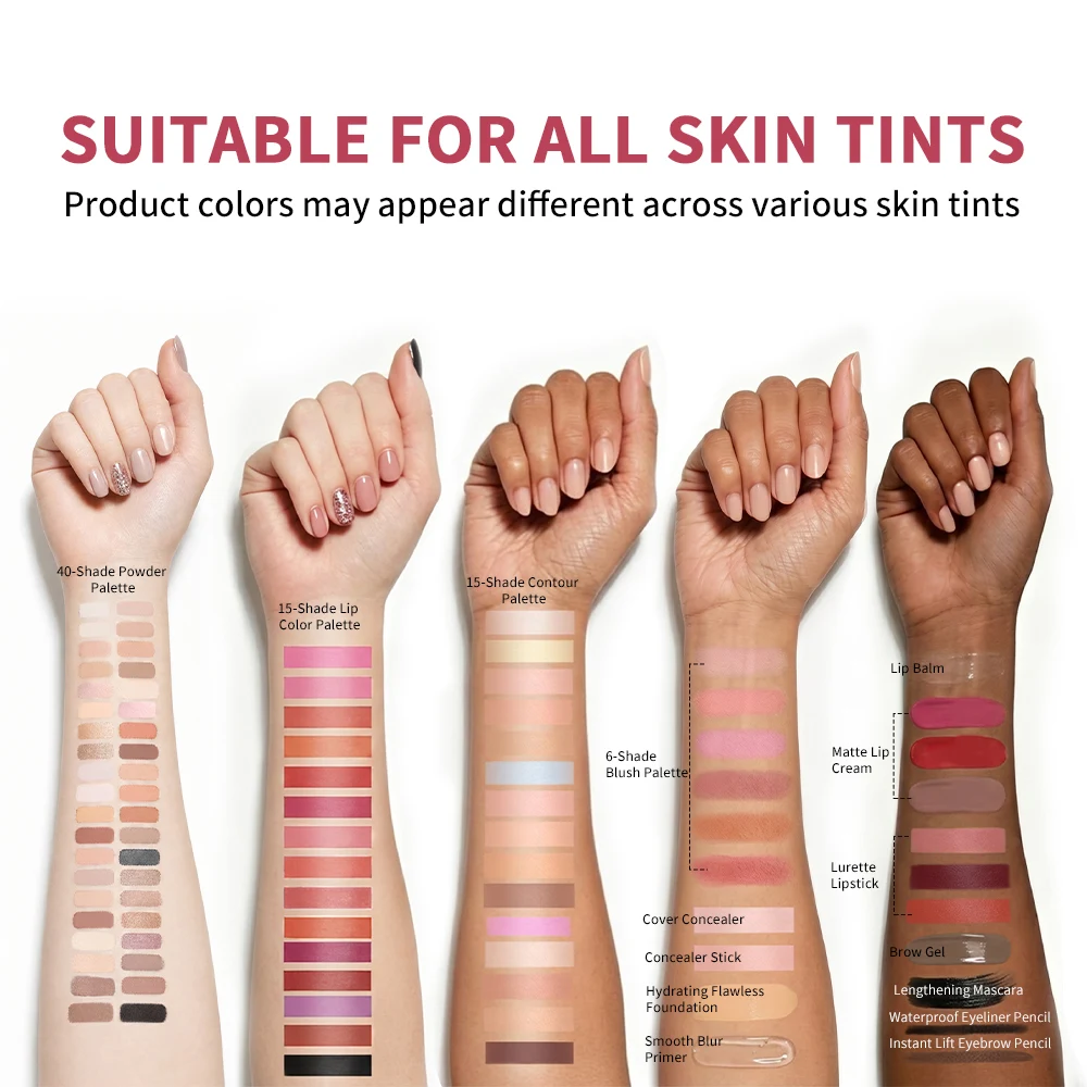 Set trucco all-in-one per viso completo: base, correttore, contorno, illuminante, palette blush, matita per sopracciglia, ombretto, kit trucco labbra - immagine 5