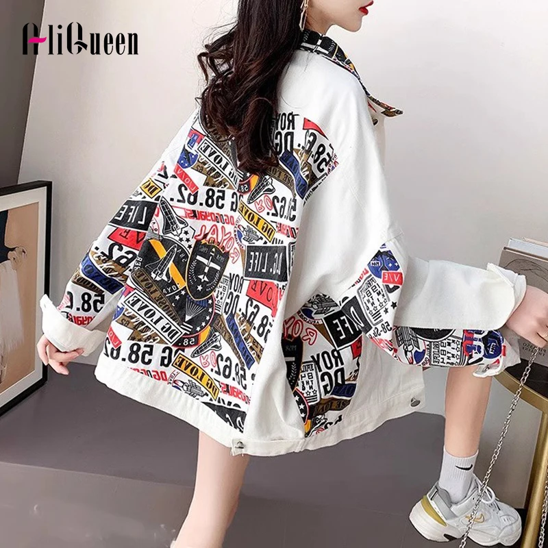 

Korean Women Vintage Print Patchwork Letter Denim Jacket Women Loose White Casual Jeans Coat Outerwear Chaqueta Mujer Streetwear