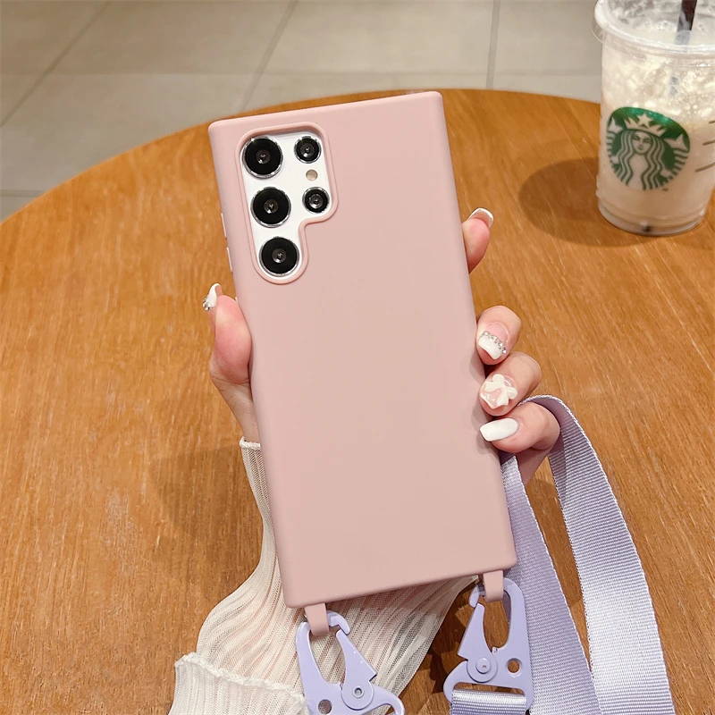 Solid Color Soft Silicone Phone Case with Lanyard Strap Cover