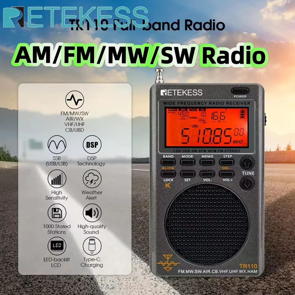 Retekess TR110 portable SSB shortwave radio FM MW SW LSB AIR CB VHF UHF full band NOAA alert for outdoor