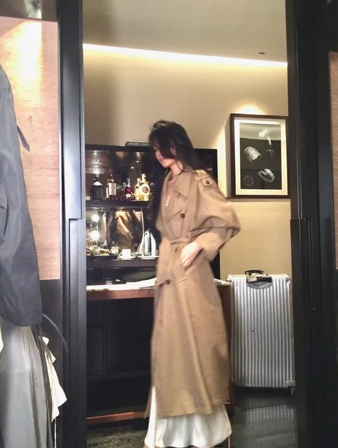 女性用ベルト付きシングルブレストスリムトレンチコート