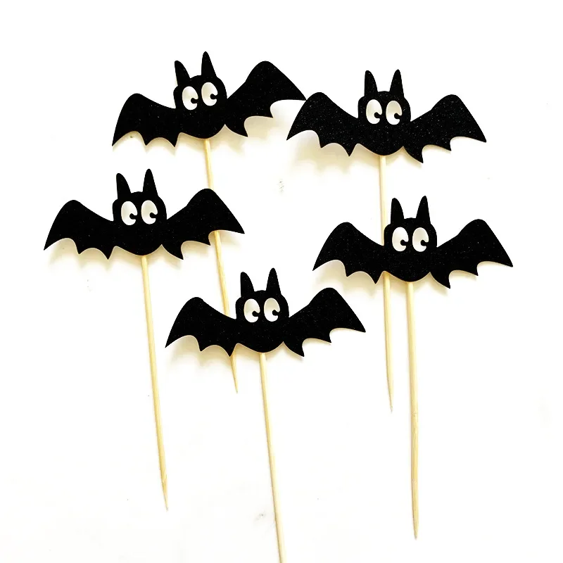 Schwarze Fledermaus-Cupcake-Topper für Kinder, Kucheneinsatz, Geburtstagstortendekoration, Halloween-Zubehör, Foto-Requisiten, 5 Stück