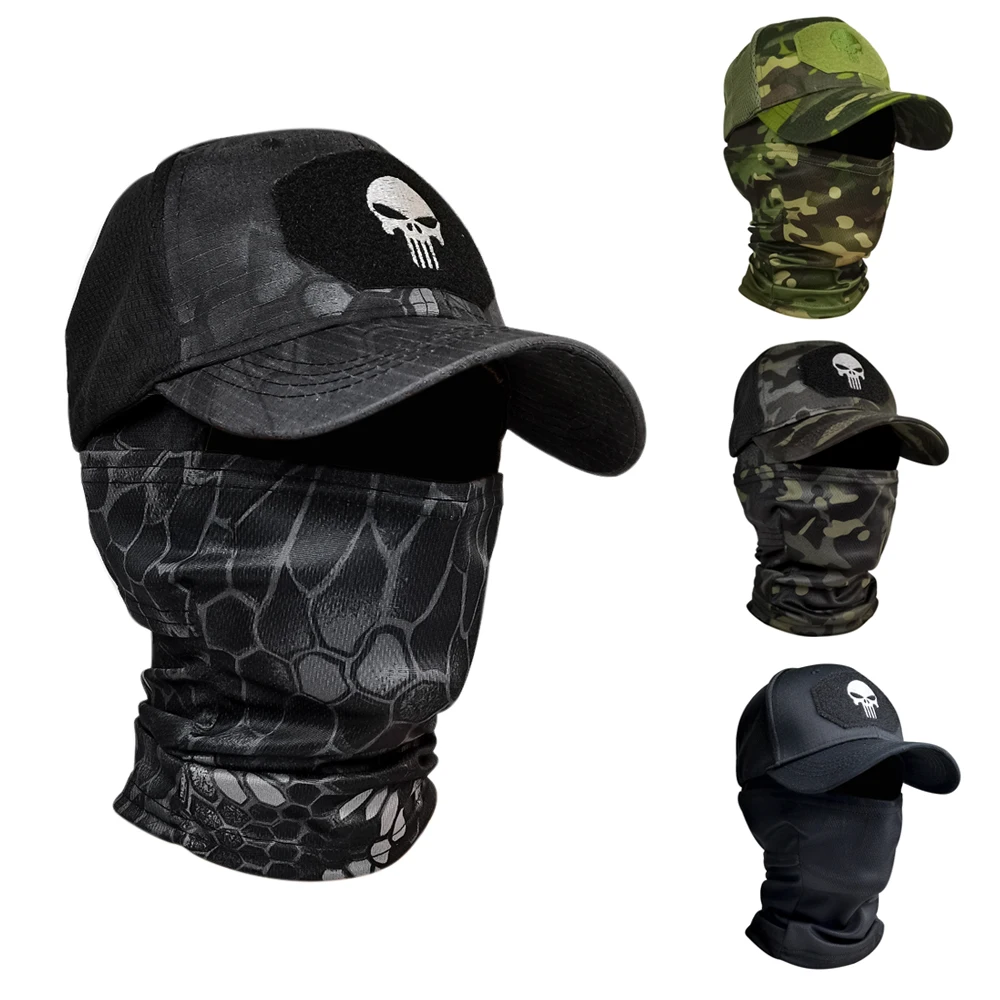 

Military Tactical Army Baseball Caps Full Face Mask Set Embroidered Skull Camouflage Baseball Cap Outdoor Fishing Hiking Sun Hat