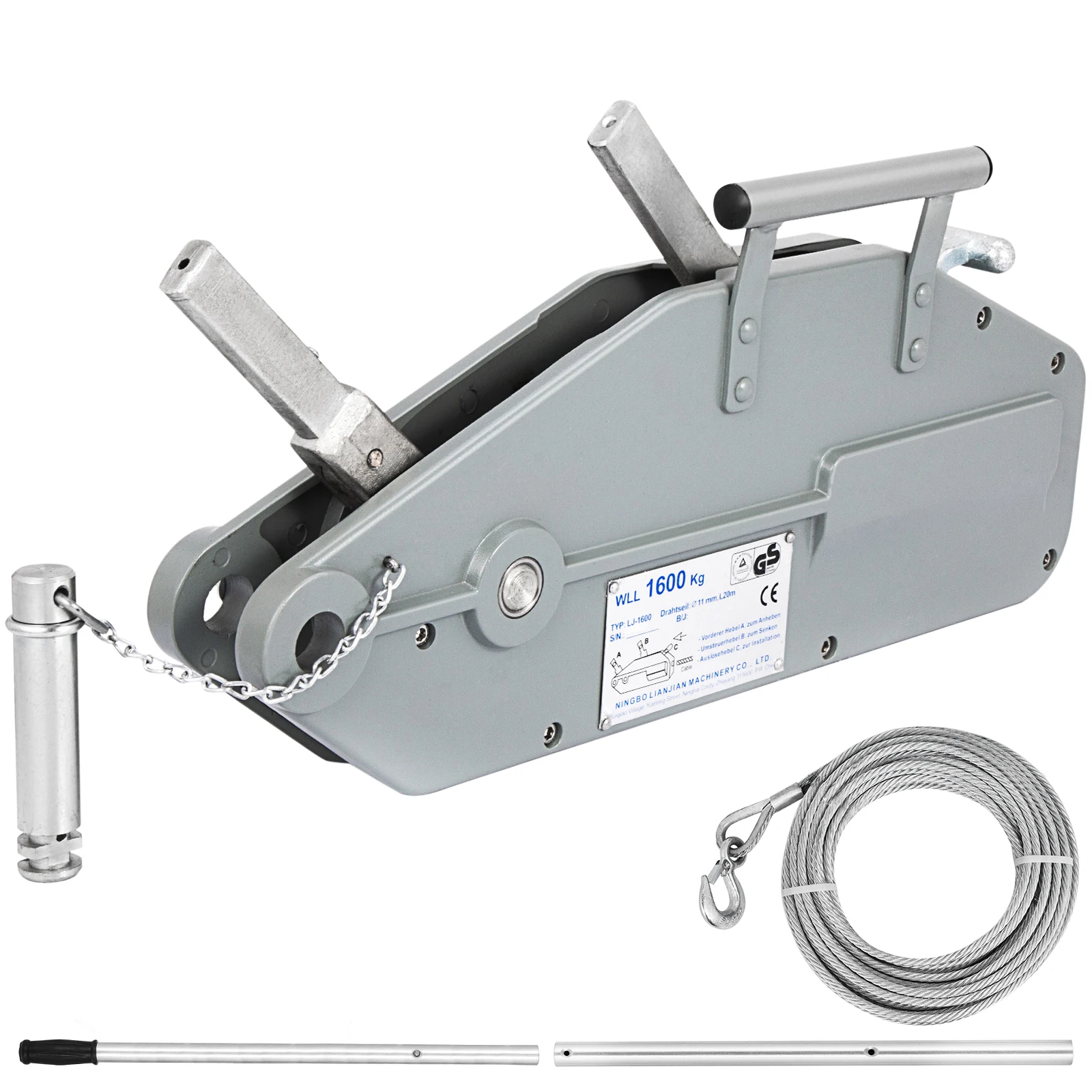 SucceBuy Hand Rope Winch Hoist with Extendable Lever 1.6T 25M/20M High Strength Wire Rope for Construction Sites Warehouse