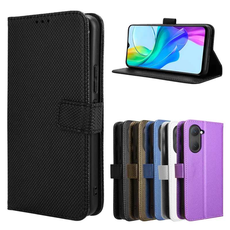 For Vivo Y03 4G Cover Luxury Flip Diamond Pattern Skin PU Leather