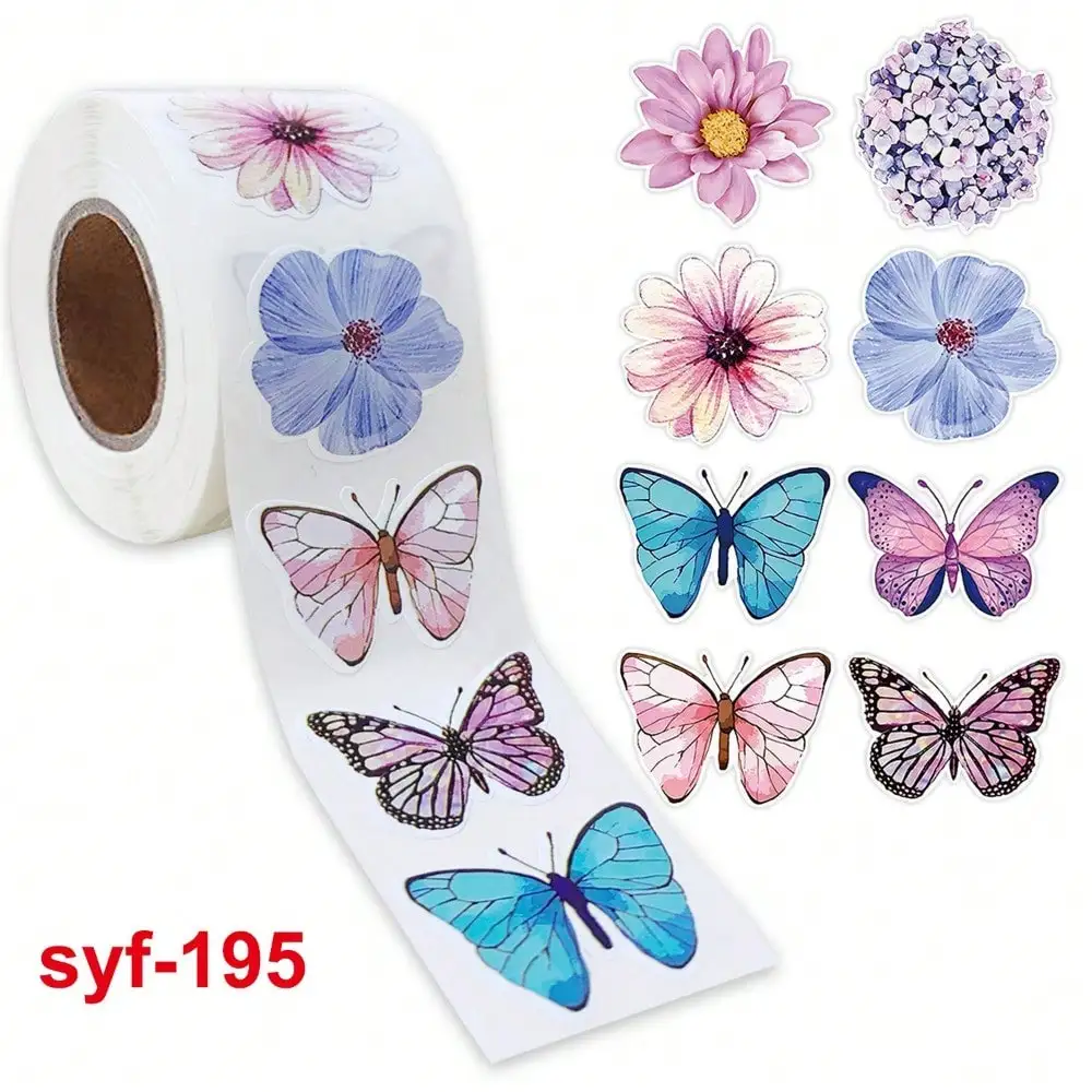 500 Stück/Rolle Schmetterlings-Blumen-Vinyl-Aufkleber, selbstklebende Etiketten für Zuhause, Wand, Party, Geschenk, Frühling, DIY-Dekorationen (dekorativ) – Detail 7