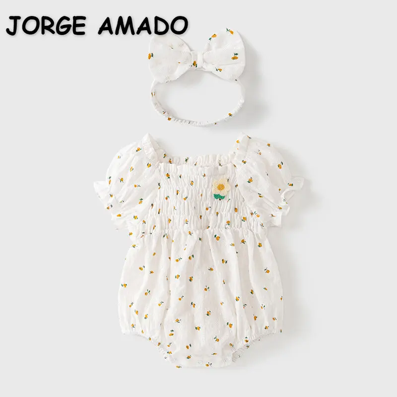 

New Summer Baby Girl Bodysuit White Floral Square Collar Short Puff Sleeves Jumpsuit+Headwear Newborn Clothes E23629