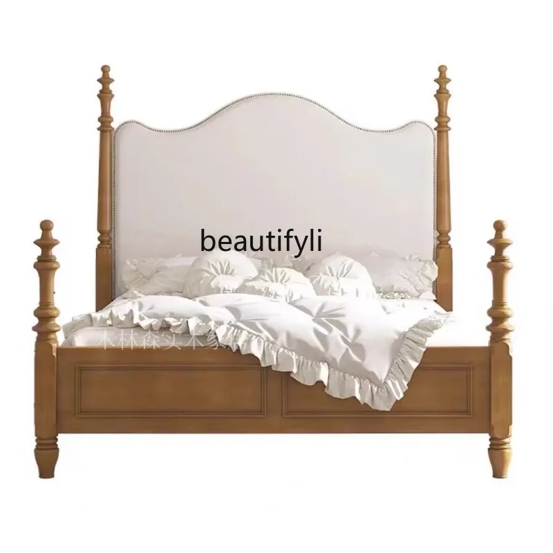 

French Retro Solid Wood Bed Fabric Bed in Master Bedroom Nordic Modern Frame Structure Villa Double Bed