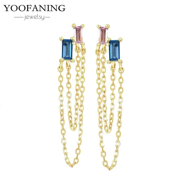 YUXINTOME 1 PC 925 en argent Sterling aiguille d'oreille coloré Zircon chaîne gland boucles d'oreilles pour les femmes deux trous boucle d'oreille bijoux A45