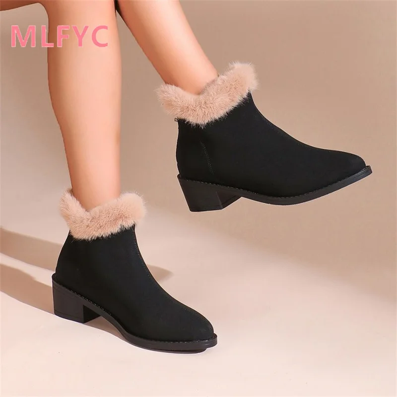 European American Pointed Thick Heeled Short Boots Women Winter New Back Zipper for Comfort Medium Heeled Ladies Fashion Boots