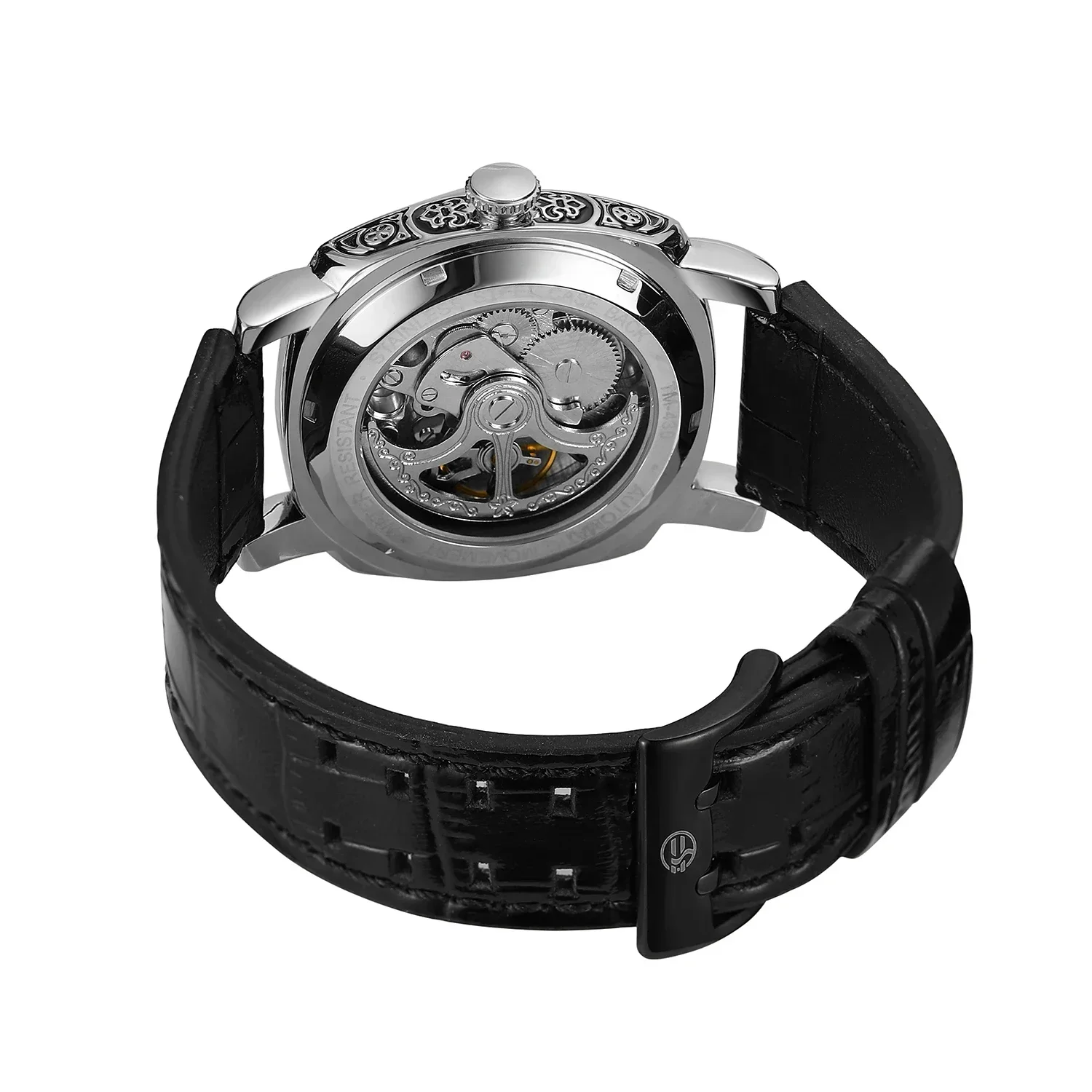 NEW Forsining Top Brand Mechanical Male Wristwatch Square Engraved Vintage Pirate Leather Strap Luminous Hands Men Watch 2