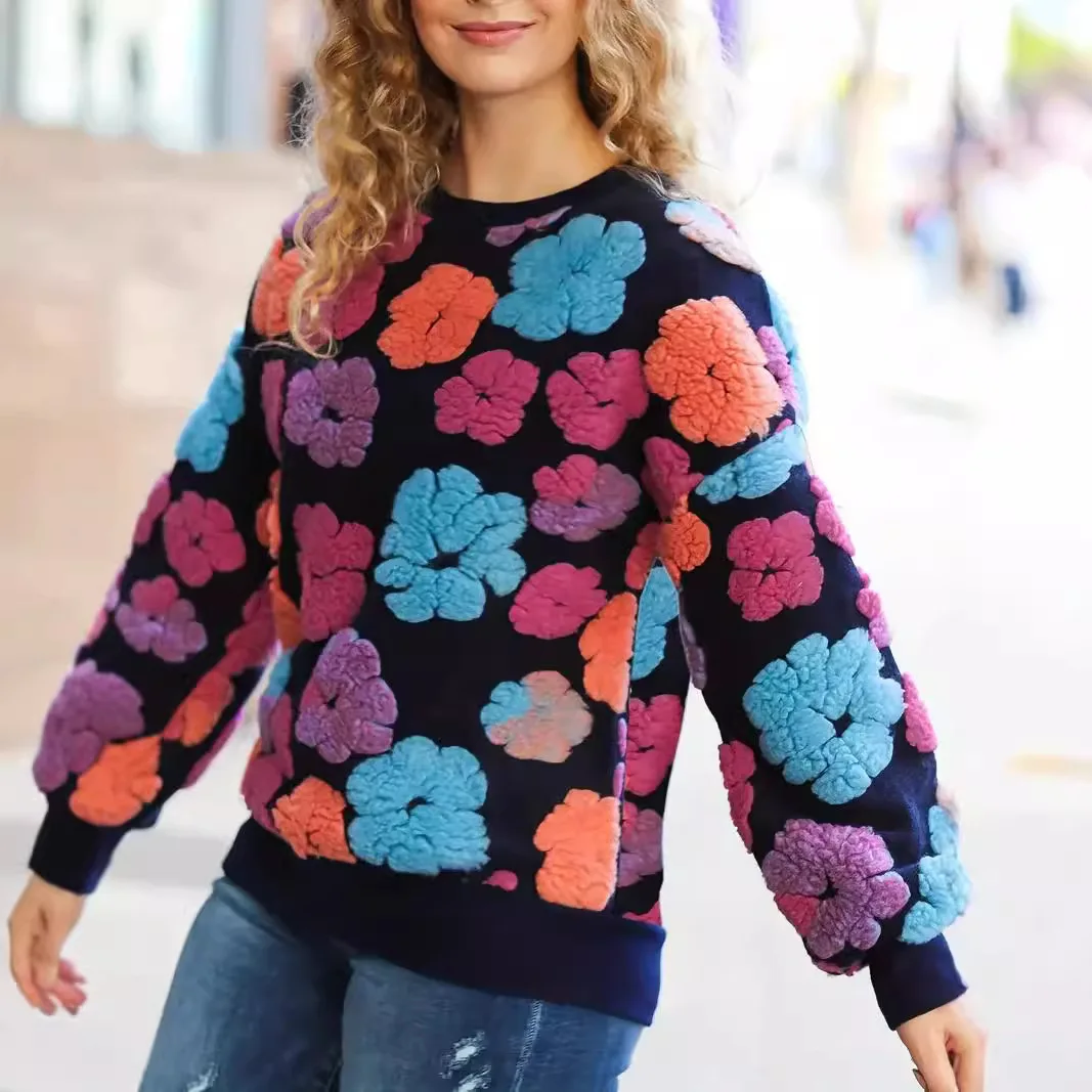 thumbnail image 1 of Suéter de cuello redondo con flores tridimensionales para mujer, jersey básico informal de manga larga y cuello redondo, cálido, para otoño e invierno, 1 of 5
