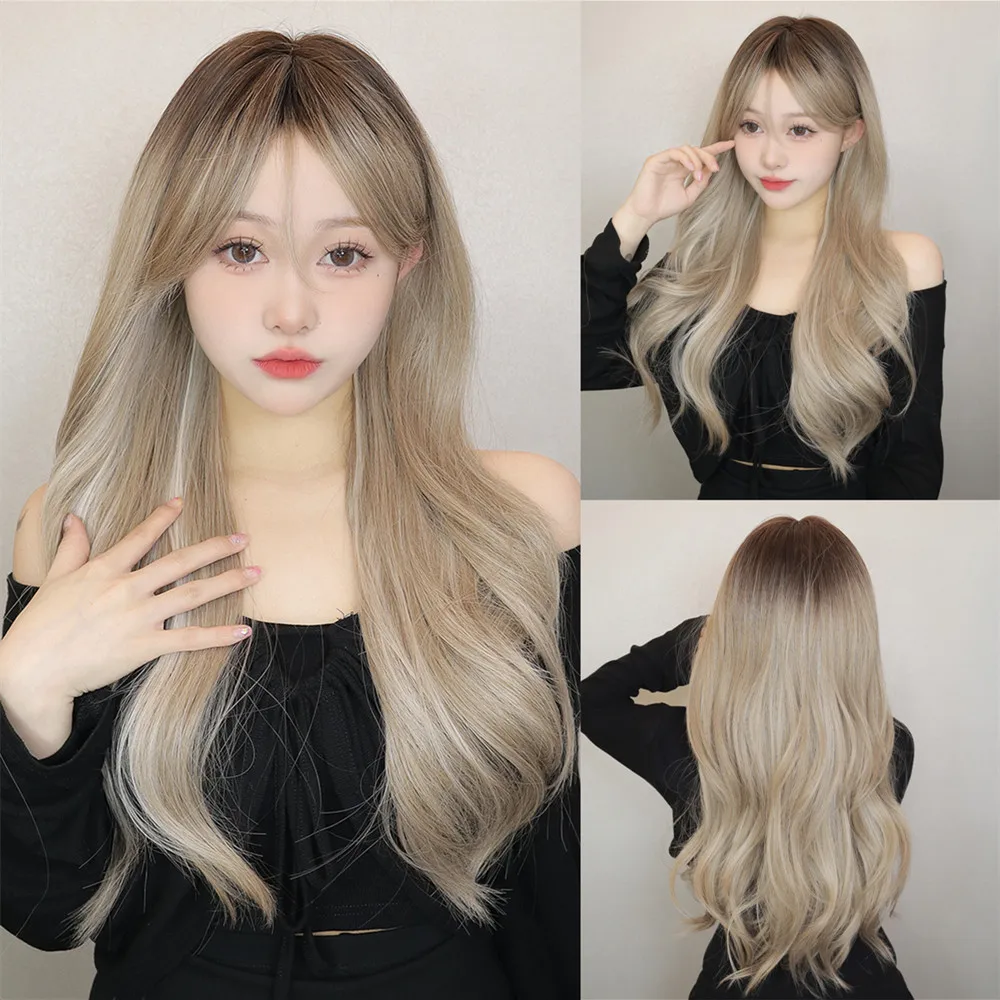 

Gray Long Wavy Synthetic Wig with Bangs Ombre Dark Roots Mixed Hair Wig for Women Heat Resistant Fiber for Daily Natural Looking