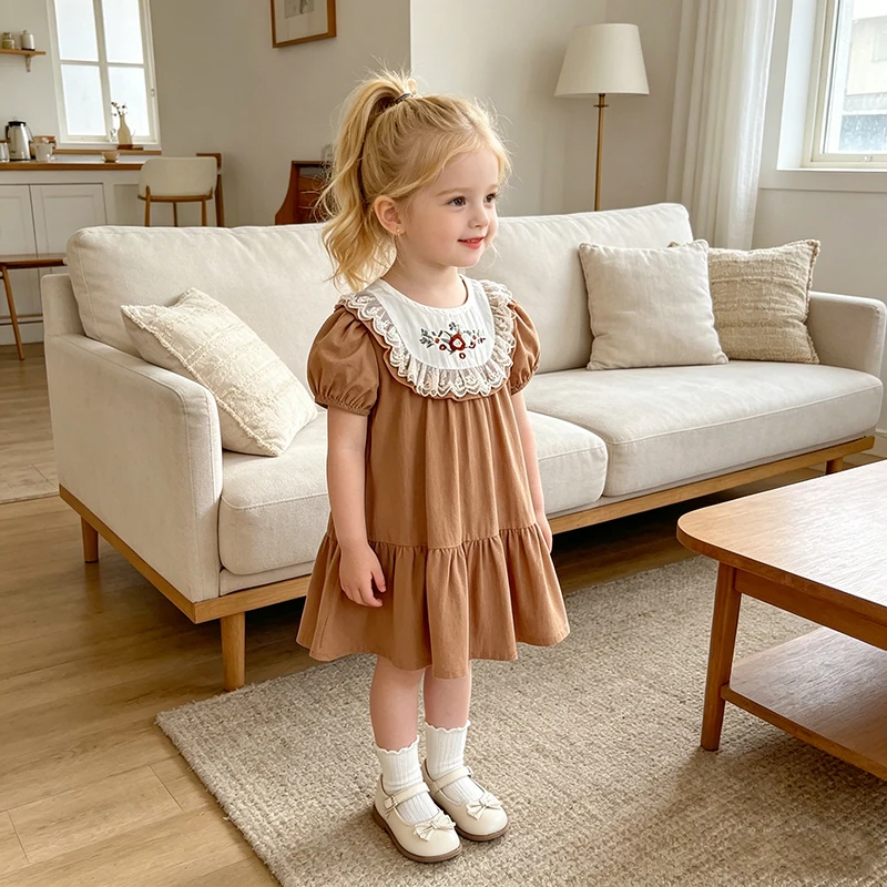 2026 Neue Sommer Kinder Prinzessinnen Kurzarm-Stickerei-Kleider 2-6 Jahre Schwester-Kleidung Baumwolle Baby Geburtstagsparty Spitzenkleid