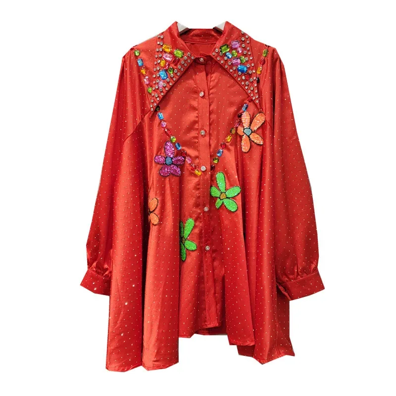 2024 Summer Full Body Rhinestone Shirt Women Luxury Full Body Beaded Lapel Long Sleeve Top Blouse Loose Slimming Silky Camisa