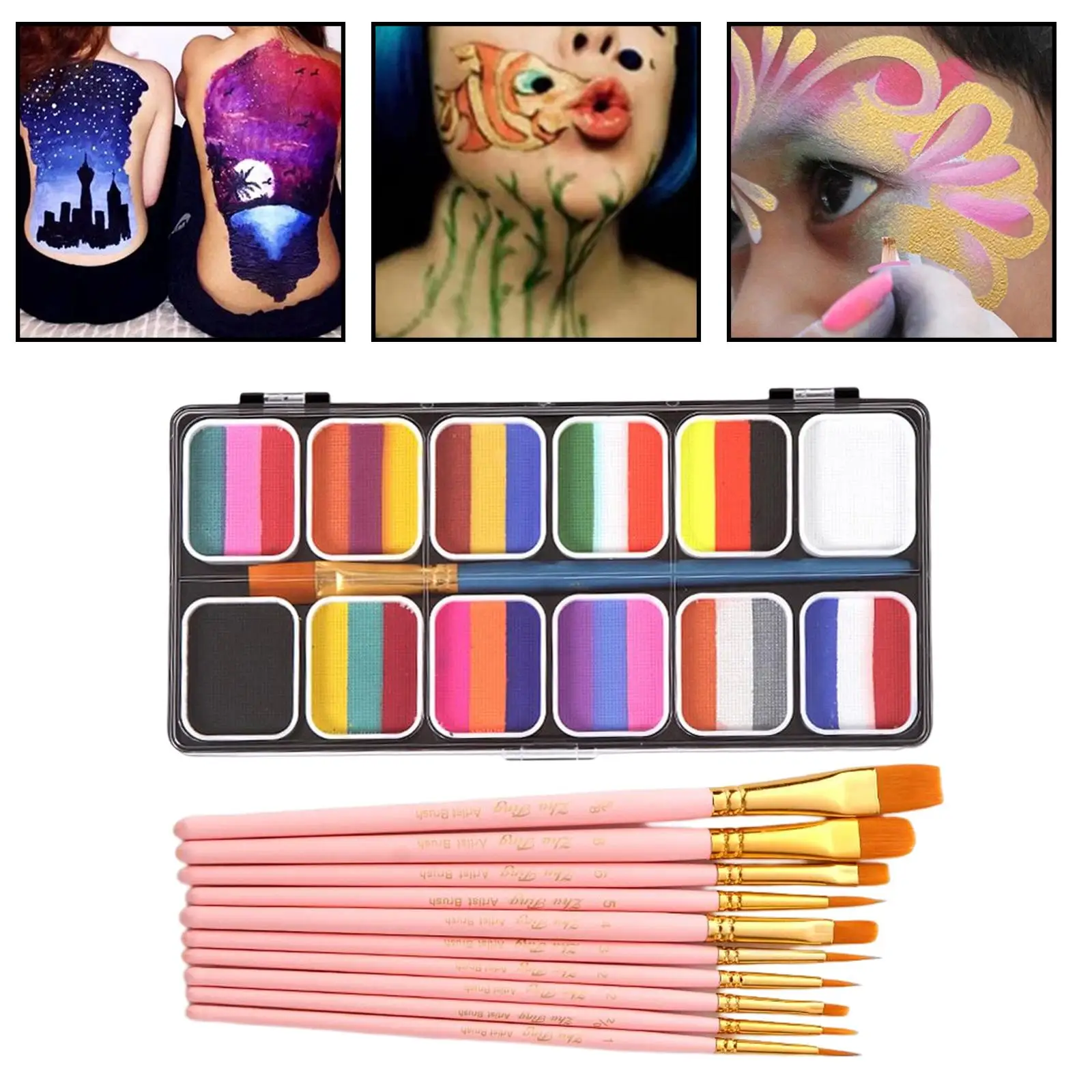 

Face Body Paint Oil Palette Set, 12 Colors with 10 Pink Paint Brushes Makeup for Halloween Cosplay Special Effects Party Stage