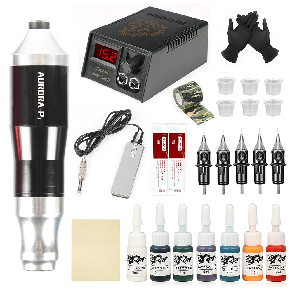 Tattoo Machine Kit Professional Rotary Tattoo Pen Aurora P1 Power Supply With Cartridges Needles Kit Complete Body Art