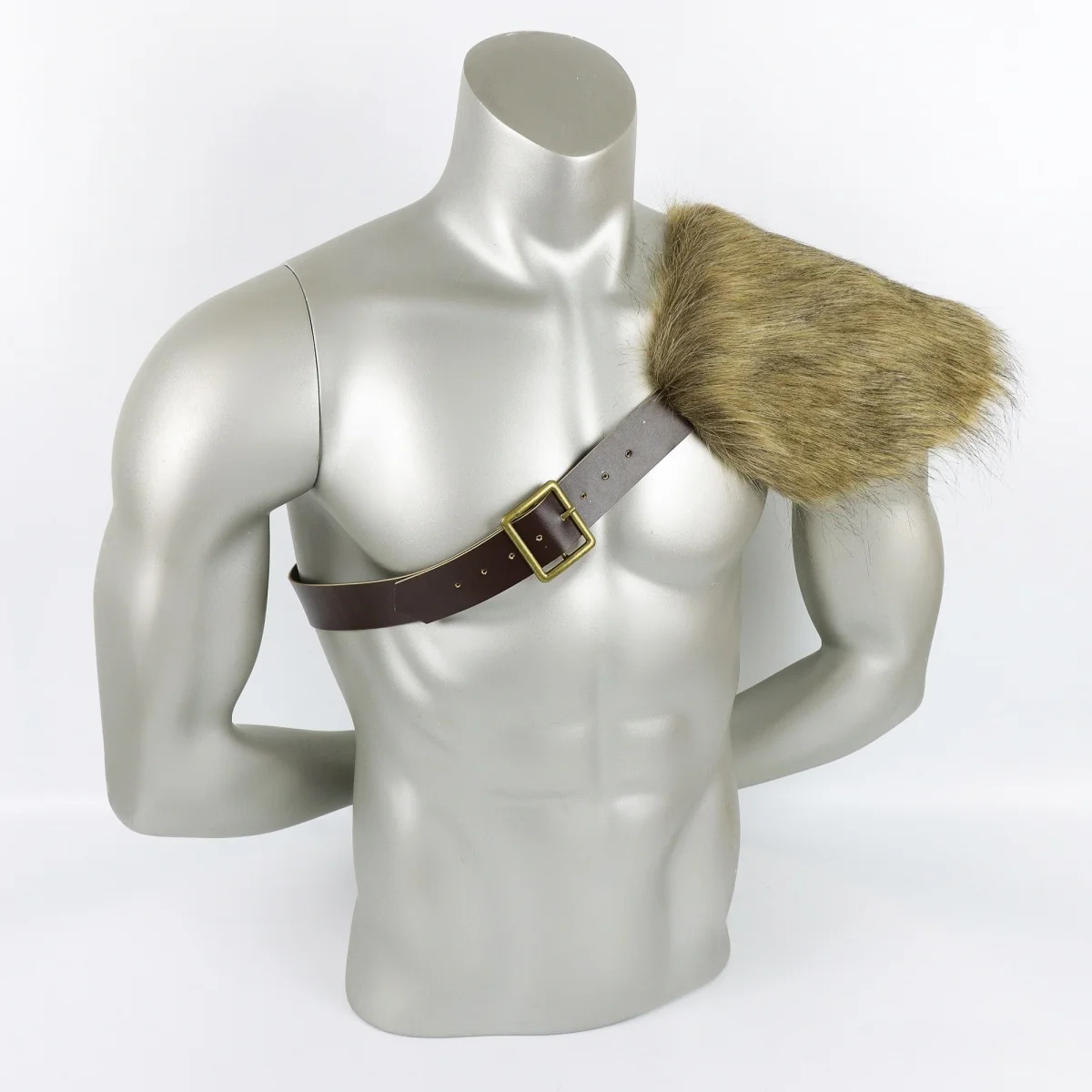 Steampunk Faux Fur Cape Shawl with Leather Straps and Black Buckle Detailing