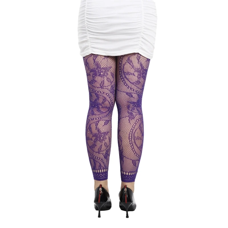 

Womens Floral Patterned Footless Fishnet Lace Tights Rhinestones Pantyhose Leggings Hosiery Cosplay Party 90s Costume