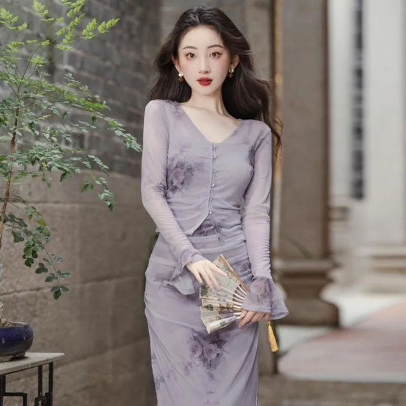 

Spring Autumn Women Feminine Purple Set Suspenders Floral Print Split Dress+Thin Short Cardigan Elegant Chic Ladies Sweet Outfit
