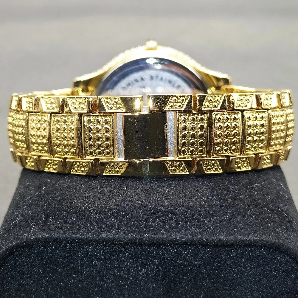 MISSFOX Orologio da uomo Hip Hop Iced Out Orologio da uomo al quarzo impermeabile con scritta Leopard Diamond Stainle Steel Gold Men'_voghion.com